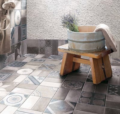 Cir Decoro French Quarter New Orleans | Décor imitation carrelage aspect béton, coleurs gris / bleu et différentes formes géométriques hexagonales 20x20 et 10x20