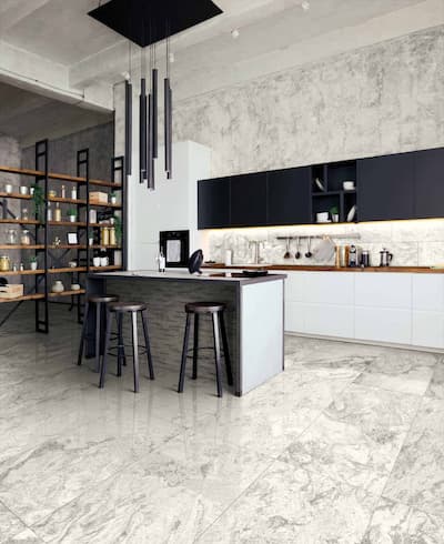 Cercom Quarzi Vipiteno | Carrelage imitation pierre blanche, couleur blanche avec veines ponctuelles grises, surface brillant, taille 60x120, réctifié