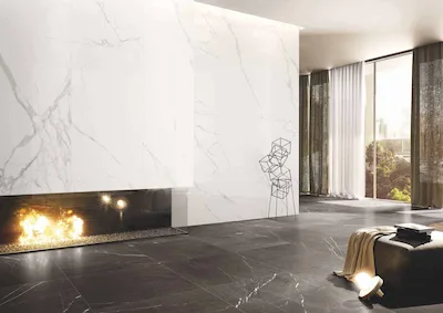 Casalgrande Padana Marmoker Statuario Grigio Grafite | Carrelage effet marbre gris graphite avec différentes veines blanches sur chaque carreau de surface polie taille 90x90